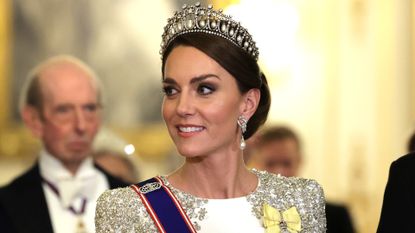 Catherine, Princess of Wales during the State Banquet at Buckingham Palace on November 22, 2022 in London, England. This is the first state visit hosted by the UK with King Charles III as monarch, and the first state visit here by a South African leader since 2010.