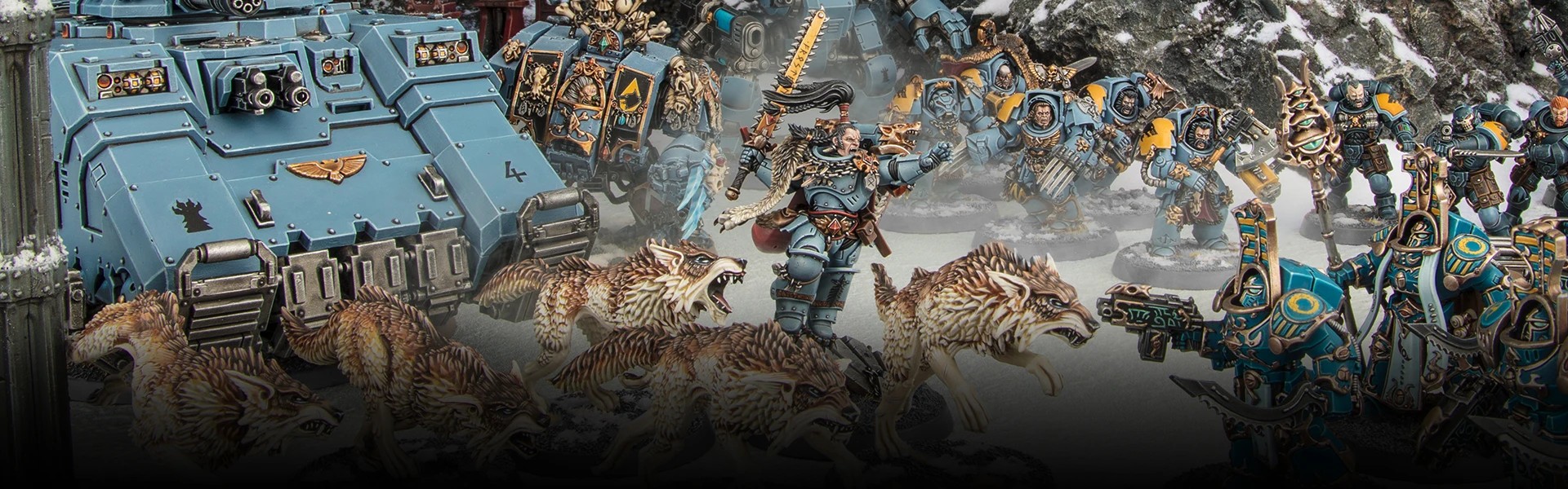 A group of Space Wolves charge toward Thousand Sons Chaos Marines on a snowy battlefield
