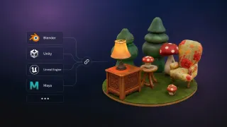 A 3D graphic created with Meshy AI with tags that show the software's support for Blender, Unity, UnrealEngine and Maya
