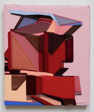 Architectural art painting by Tommy Fitzpatrick, stacked angle shapes in multicolour on a pastel pink background