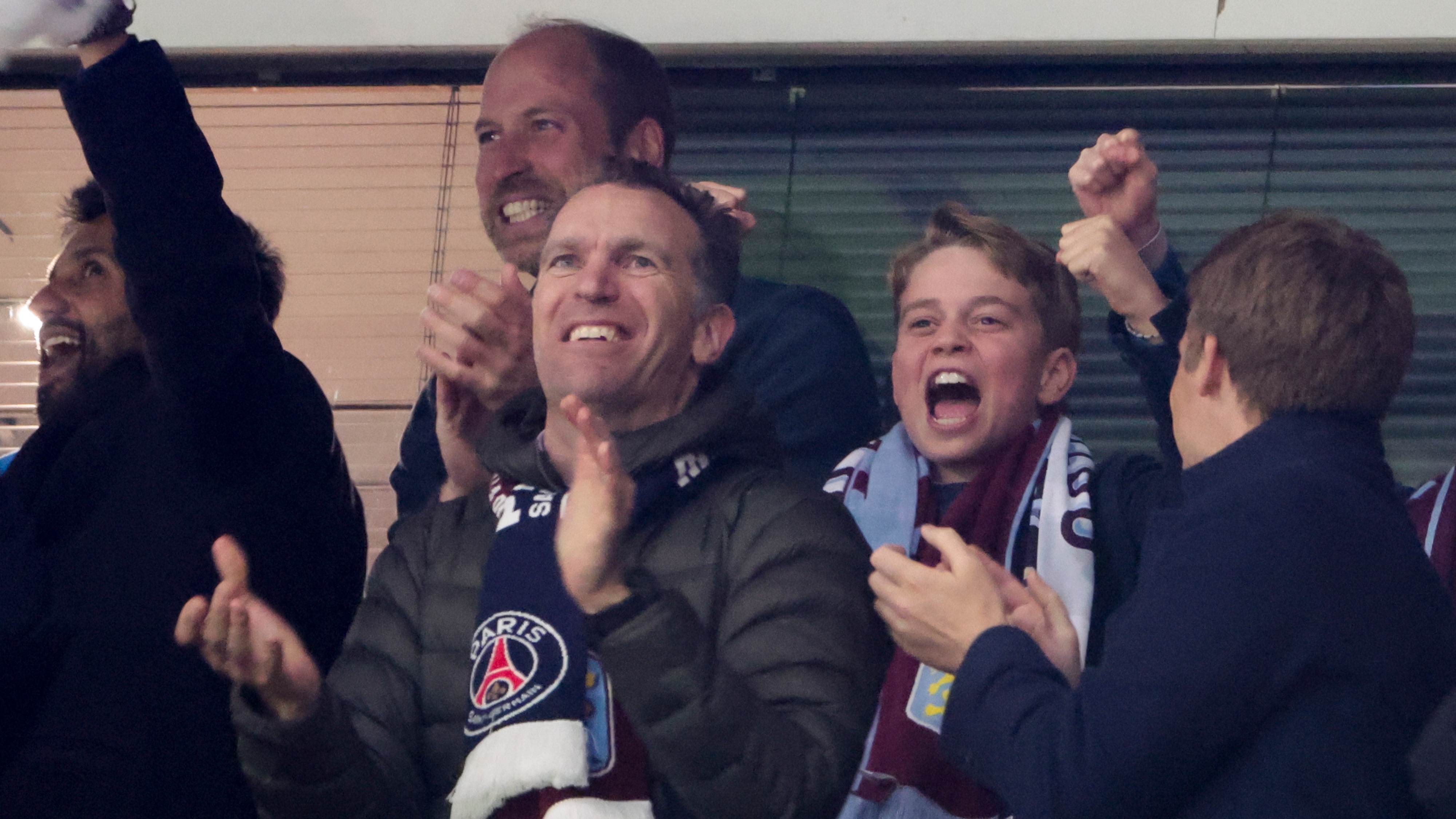 Prince William and Prince George of Wales celebrate the second goal of Aston Villa during the UEFA Champions League 2024/25 Quarter Final Second Leg football match