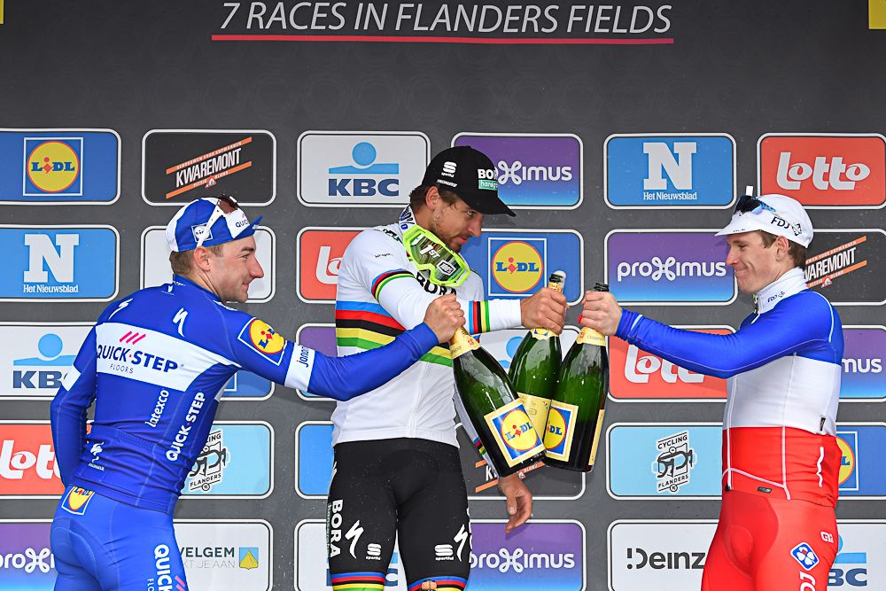 A toast for the 2018 gent-Wevelgem podium: Viviani, Sagan and Demare
