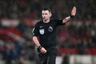 Referee Michael Oliver looks on during the Premier League match between Nottingham Forest and Fulham FC at City Ground on April 02, 2024 in Nottingham, England. (Photo by Michael Regan/Getty Images) (Photo by Michael Regan/Getty Images)