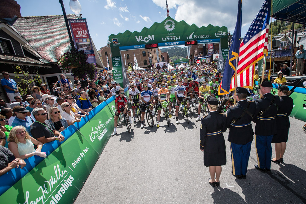 Riders and fans at todays start in Park City