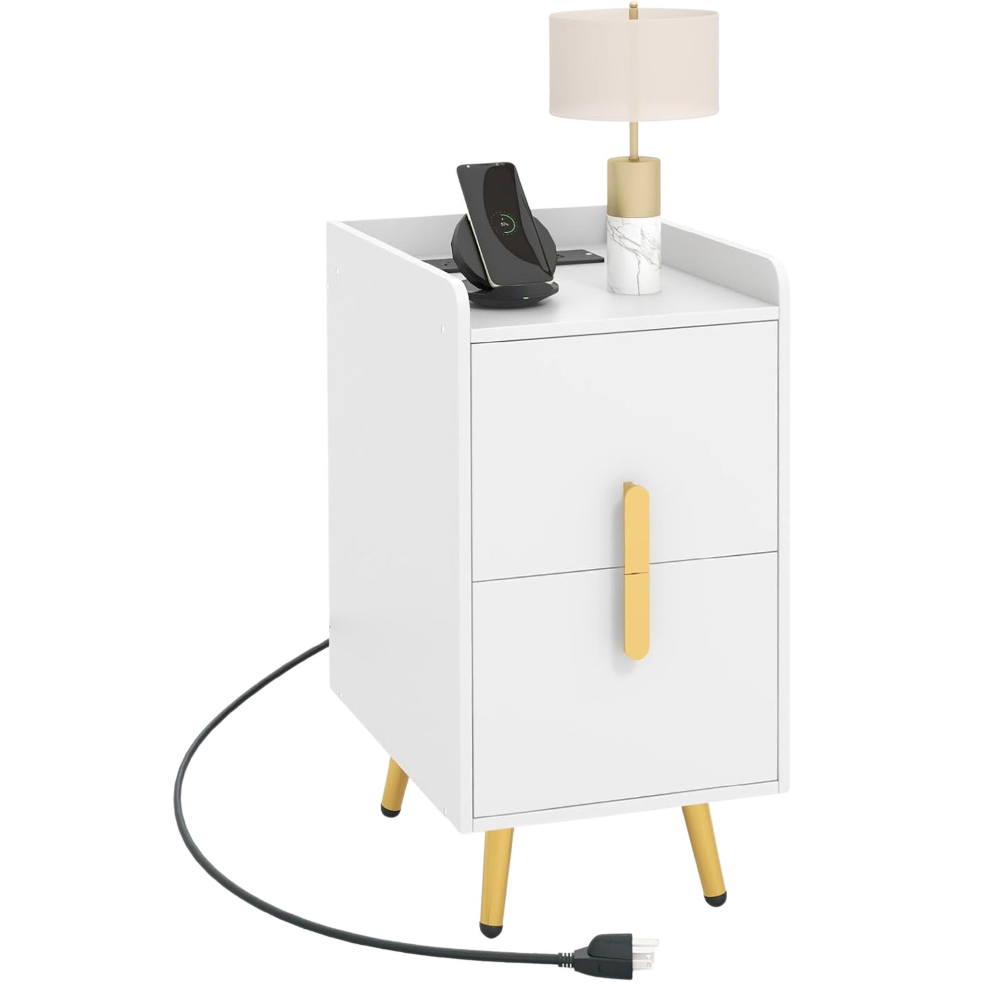 white nightstand with gold drawer pulls, gold legs, a black power cord, and a small lamp on top