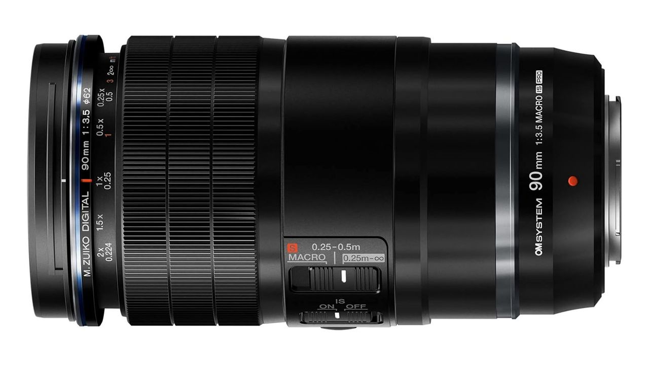 OM SYSTEM M.Zuiko Digital ED 90mm f/3.5 Macro IS PRO lens on a white background