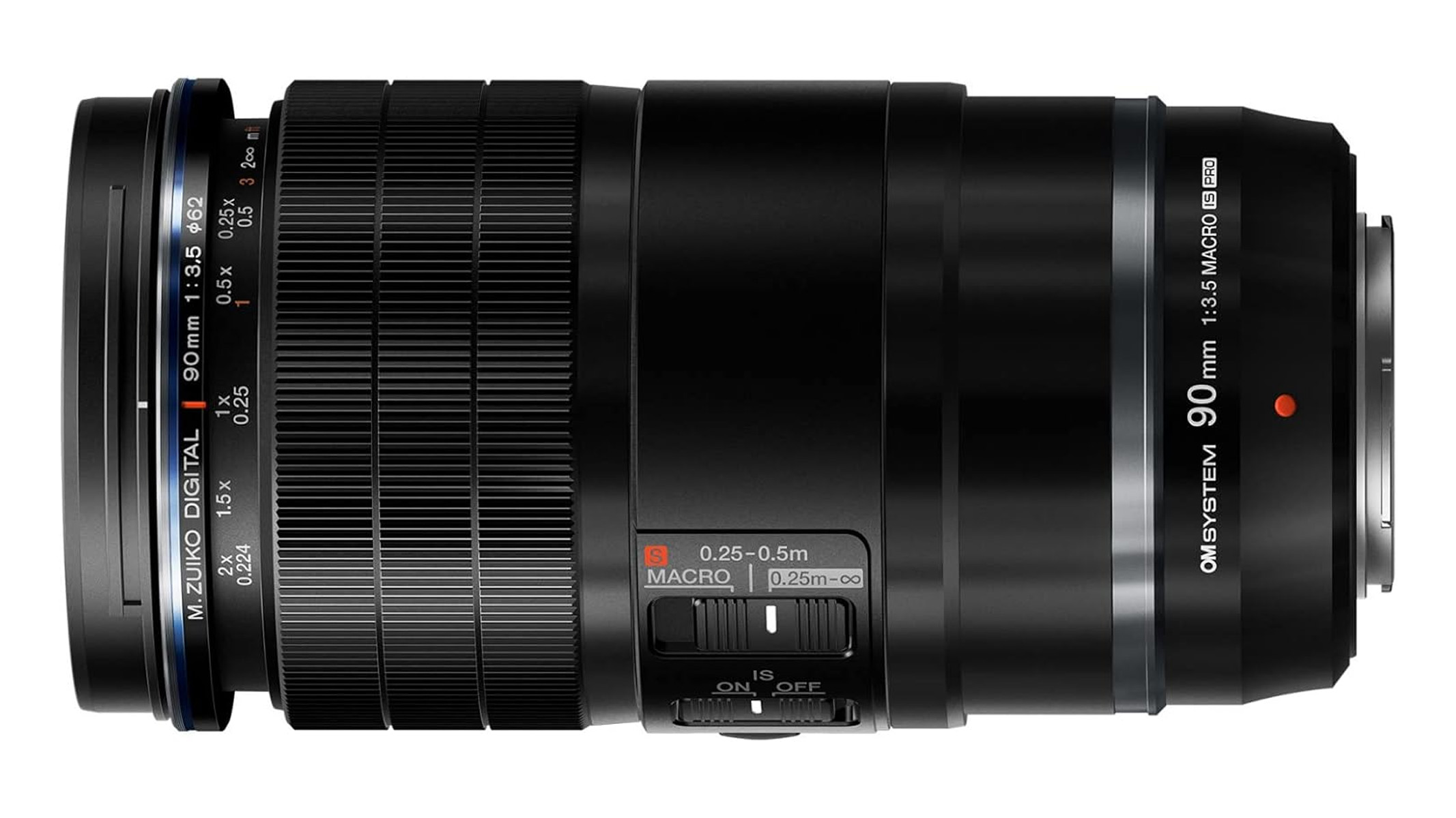 OM SYSTEM M.Zuiko Digital ED 90mm f/3.5 Macro IS PRO lens on a white background