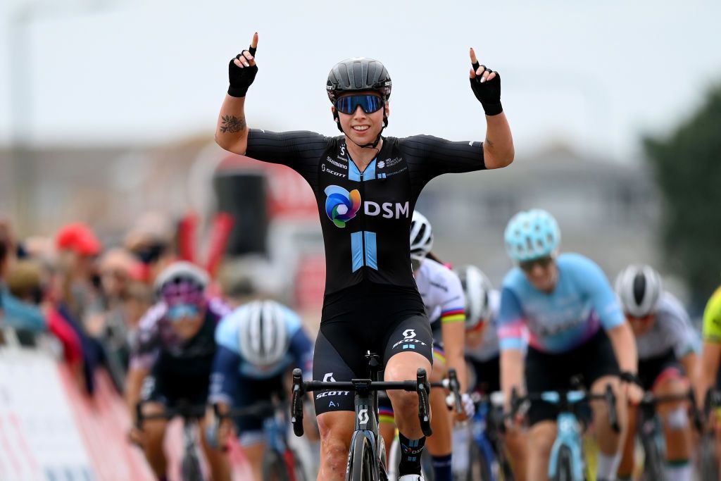 CLACTONONSEA ENGLAND OCTOBER 08 Lorena Wiebes of Netherlands and Team DSM celebrates winning during the 7th The Womens Tour 202 Stage 5 a 954km stage from Colchester to Clacton thewomenstour UCIWWT on October 08 2021 in ClactononSea England Photo by Justin SetterfieldGetty Images