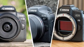 Three-way split image showing photographs of the Canon EOS R10, EOS R7 and EOS R8