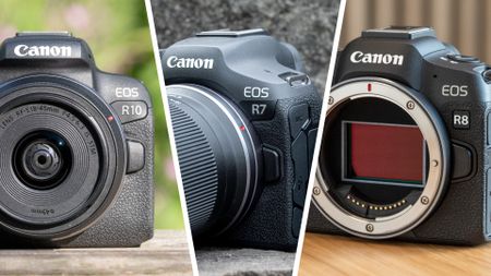Three-way split image showing photographs of the Canon EOS R10, EOS R7 and EOS R8