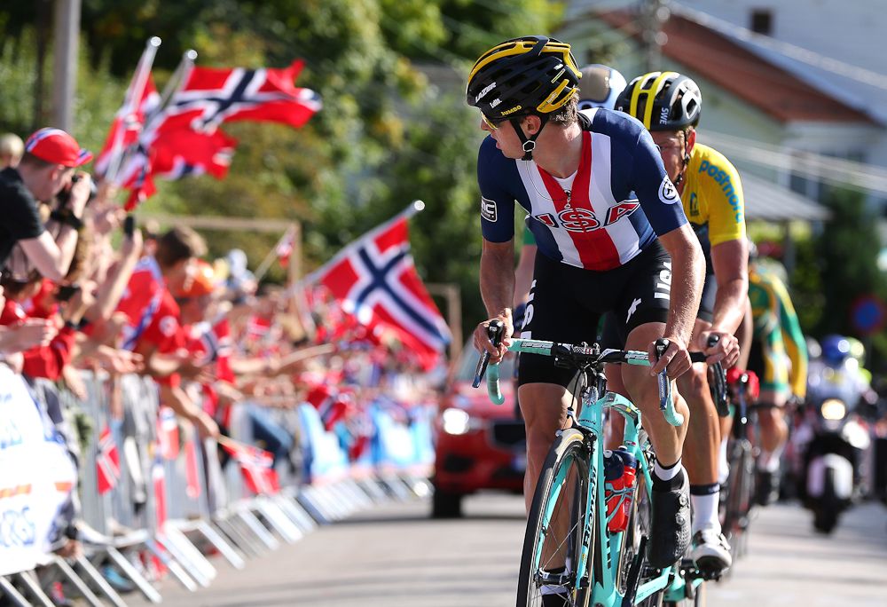 Alexey Vermeulen (USA) leads the breakaway at the 2017 world championships road race