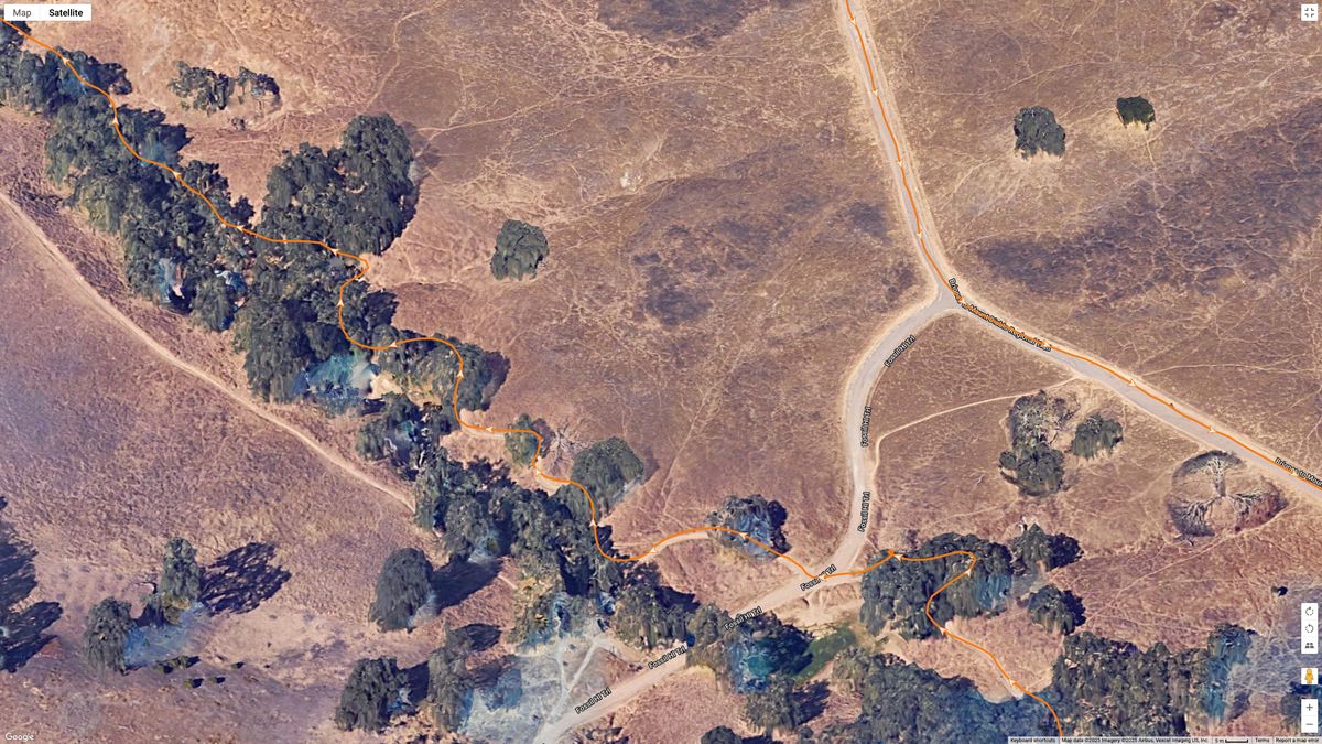 A GPS map showing the Garmin Forerunner 970 (orange line) tracking my location on a windy, tree-lined trail.