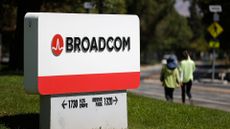 Broadcom sign and branding pictured in front of a Broadcom office on June 03, 2021 in San Jose, California
