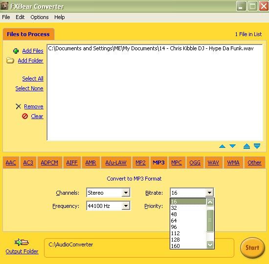 FXBear Audio Converter Image: File conversion menu with bitrate options.
