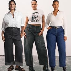 Models are all wearing different plus size barrel jeans with a white top and black shoes.