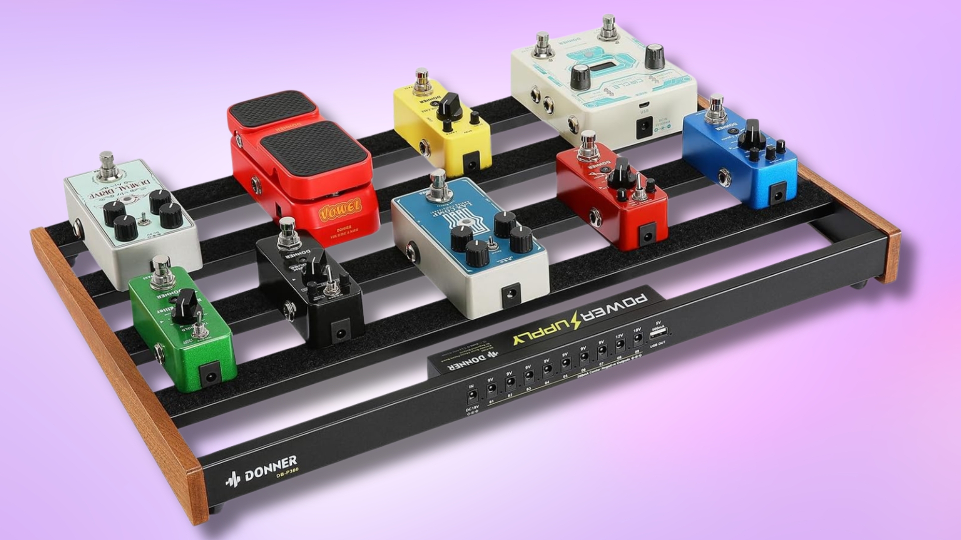 A Donner​ Pedalboard ⁤with guitar pedals and built-in power supply