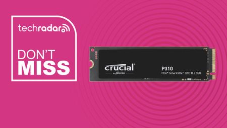 Crucial P310 1TB Internal SSD PCIe Gen 4 x4 NVMe M.2 on pink background with TechRadar don't miss sign