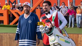 From left to right: Adam Sandler looking surprised and Bad Bunny holding golf clubs in Happy Gilmore 2.
