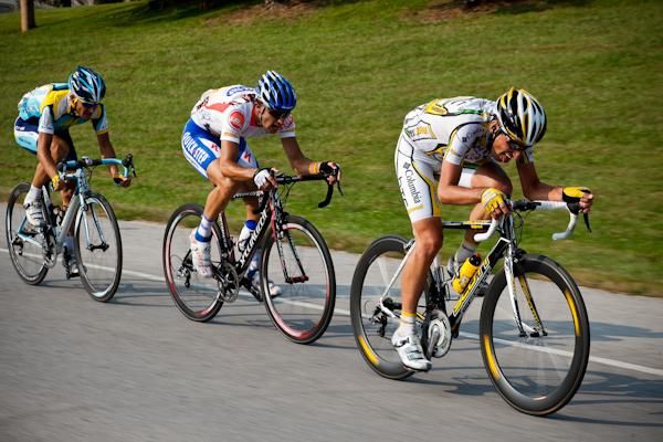 Marco Pinotti (Columbia-HTC) leads another break with Dario Cataldo (Quickstep) and Alexendar Dyachenko.