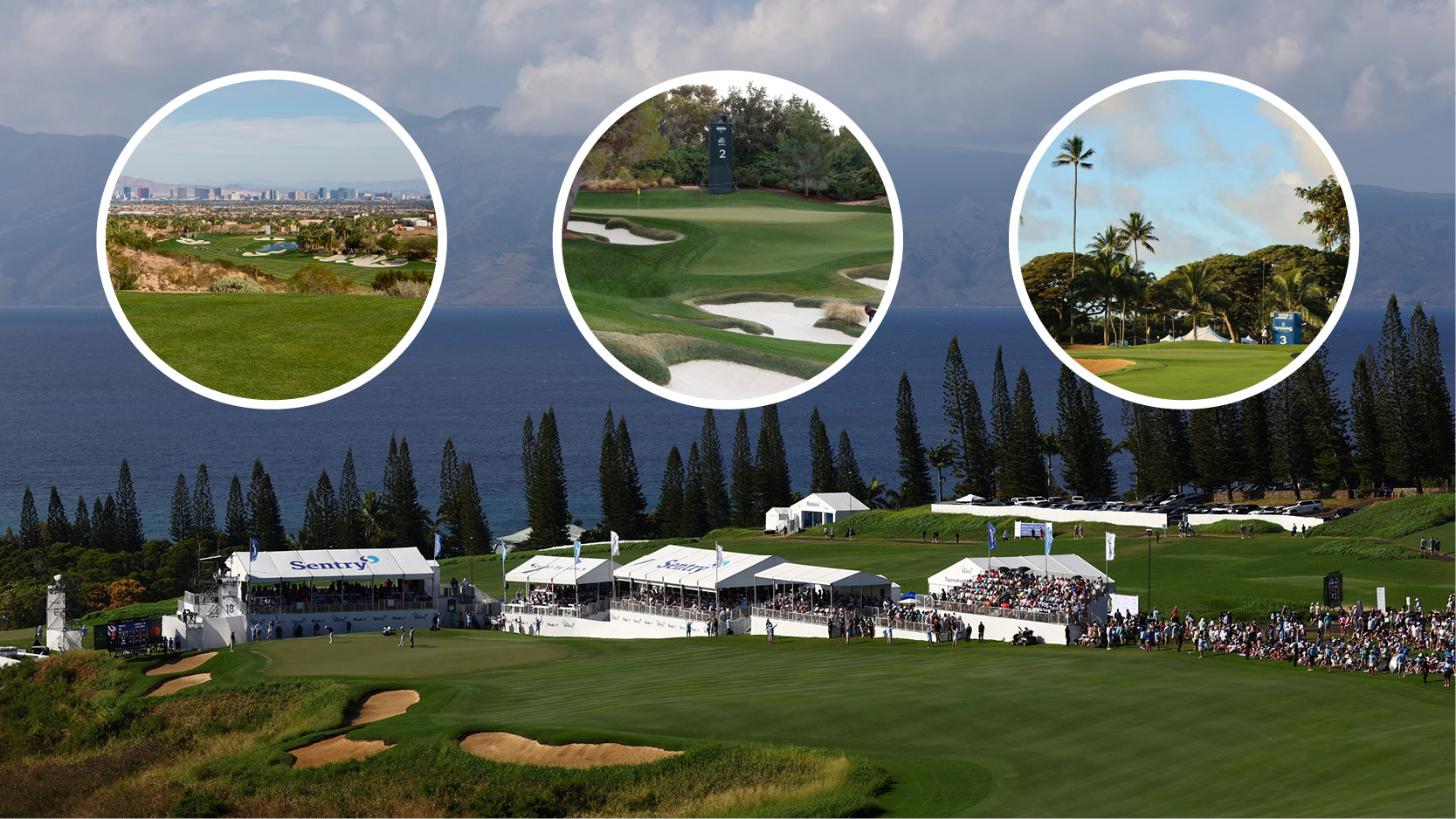 Main image of the Plantation Course at Kapalua with inset images of The Summit (top left), Shadow Creek (top middle) and Waialae Country Club (top right)
