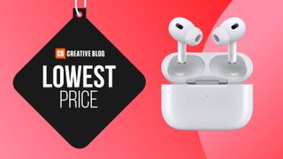 The AirPods Pro 2 on a colourful background with the text lowest price