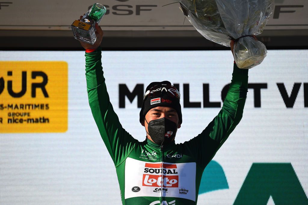 LA SEYNESURMER FRANCE FEBRUARY 18 Caleb Ewan of Australia and Team Lotto Soudal celebrates winning the green sprint jersey on the podium ceremony after the 54th Tour Des Alpes Maritimes Et Du Var 2022 Stage 1 a 176km stage from Saint Raphal to La SeynesurMer TDHV22 on February 18 2022 in La SeynesurMer France Photo by Dario BelingheriGetty Images