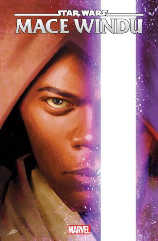 illustration showing a man's face, which is half obscured by the white blade of a light saber.