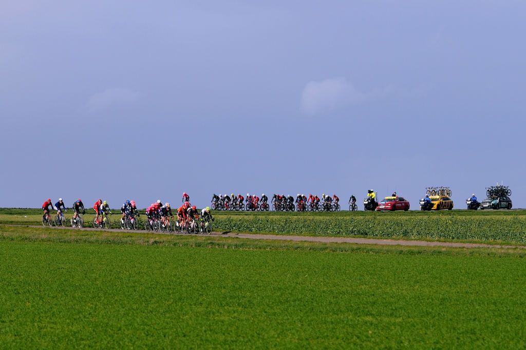 CHALETTESURLOING FRANCE MARCH 09 Ivan Garcia Cortina of Spain and Team Bahrain Mclaren Sep Vanmarcke of Belgium and Team Ef Education First Lawson Craddock of The United States and Team Ef Education First Philippe Gilbert of Belgium and Team Lotto Soudal Andrea Pasqualon of Italy and Team Circus Wanty Gobert Dylan Teuns of Belgium and Team Bahrain Mclaren Peloton Landscape Echelons due Crosswind during the 78th Paris Nice 2020 Stage 2 a 1665km stage from Chevreuse to ChaletteSurLoing ParisNice parisnicecourse PN on March 09 2020 in ChalettesurLoing France Photo by Luc ClaessenGetty Images