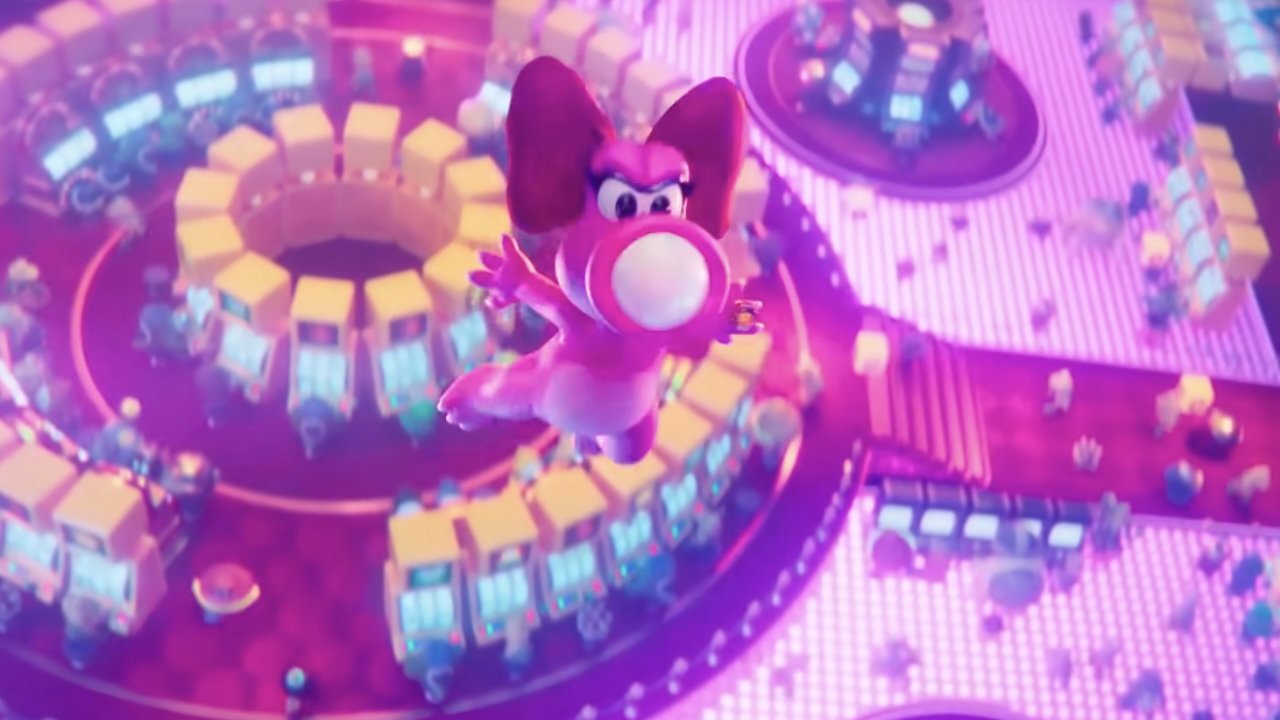 Birdo with an egg coming out of her mouth in The Super Mario Galaxy Movie