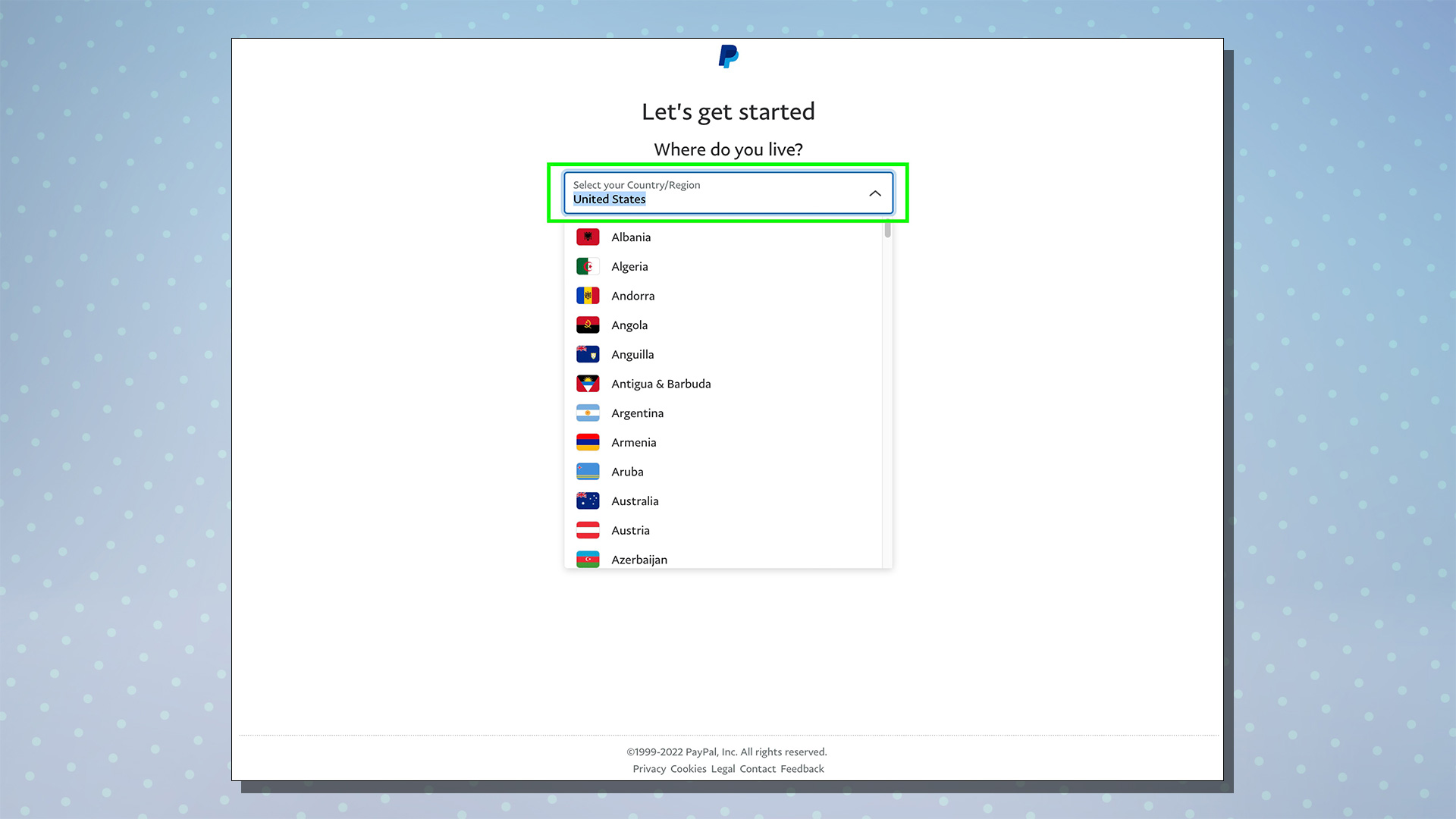 Скриншот, показывающий процесс настройки PayPal.  На этом экране показаны варианты выбора страны