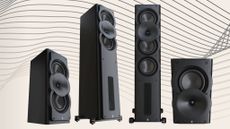 Product photos of the Perlisten A-Series speakers on a graphic background shot slightly angled from the front