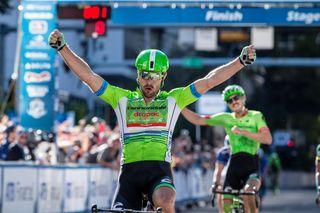 Wouter Wippert clebrates, as does Cannondale-Drapac teammate Alex Howes on stage 4