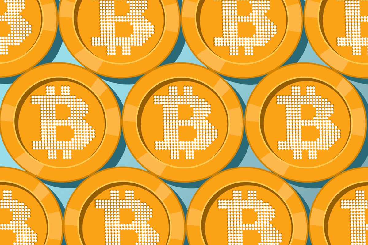 Lots of large golden Bitcoin tokens pushed together, set against a sky-blue background