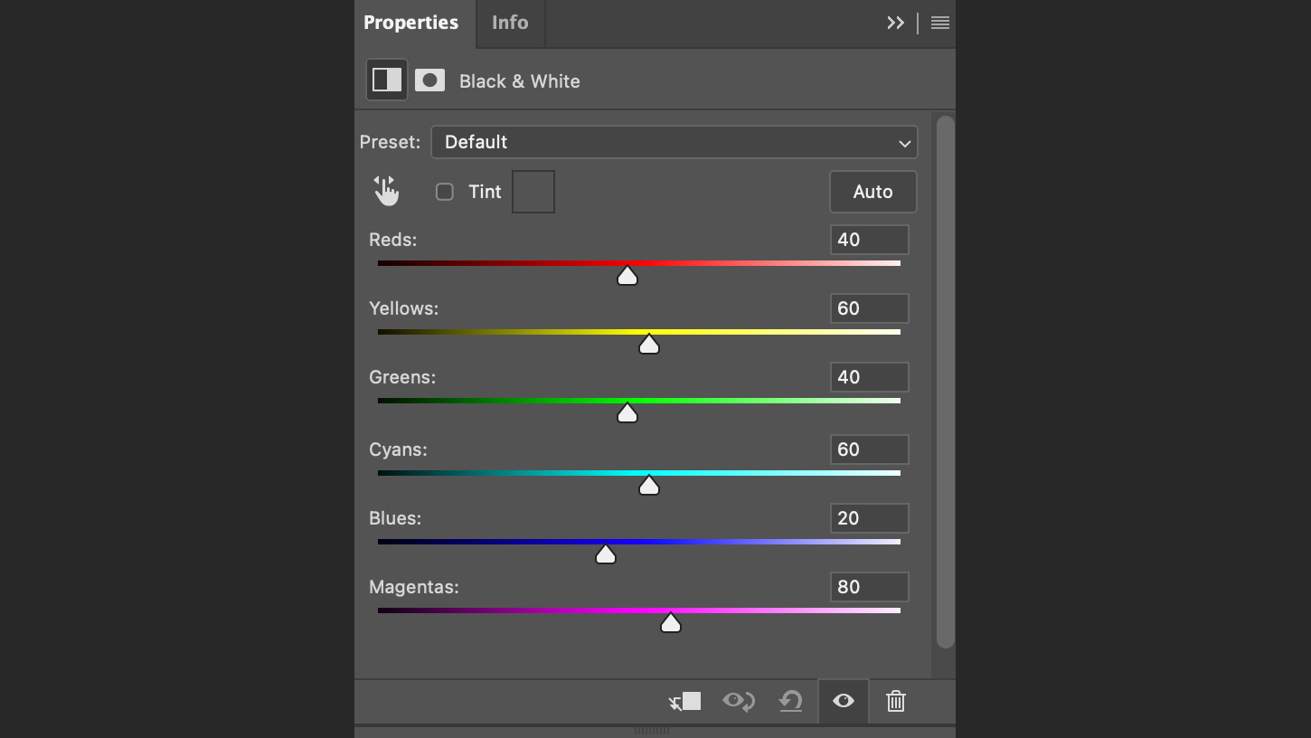 Screenshot of a photo editing properties panel with sliders for adjusting colors in a black and white filter settings interface