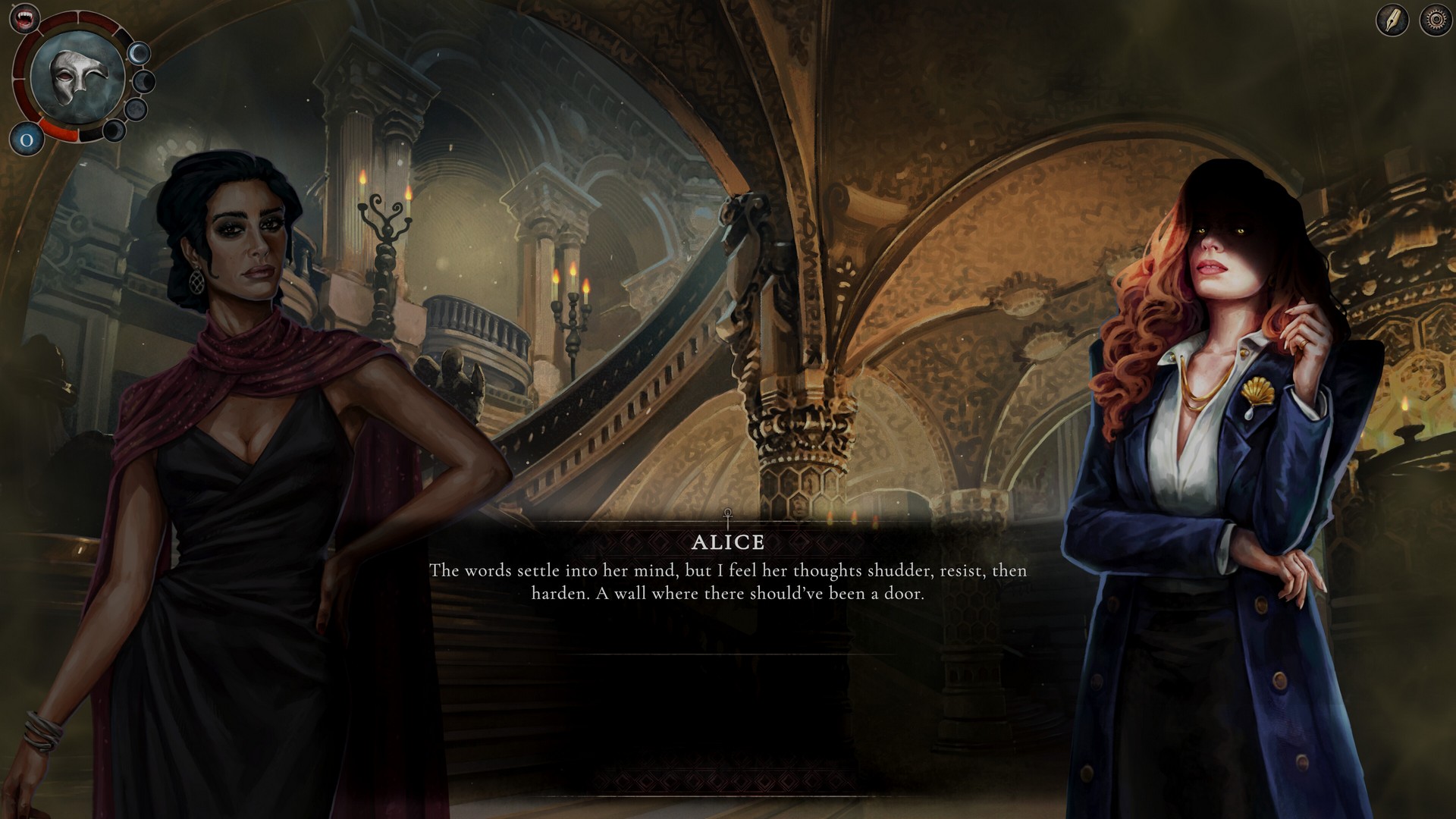 Alice probes a mortal's mind in Vampire: The Masquerade - Oaths &amp;amp; Ashes