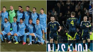 RIMINI, ITALY - SEPTEMBER 08: The San Marino starting eleven line up for a team photo before kick off, back row ( L to R ); Dante Carlos Rossi, Elia Benedettini, Davide Simoncini, Luca Tosi, Mattia Stefanelli and Matteo Vitaioli, front row ( L to R ); Manuel Battistini, Lorenzo Lunadei, Enrico Golinucci, Filippo Berardi and Andrea Grandoni during the UEFA Nations League group stage match between San Marino and Liechtenstein at San Marino Stadium on September 08, 2020 in San Marino, San Marino. (Photo by Jonathan Moscrop/Getty Images)