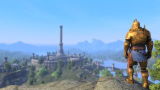 Skyblivion - A player in gold armor stands on a ledge overlooking the imperial city's circular walls and central tower.
