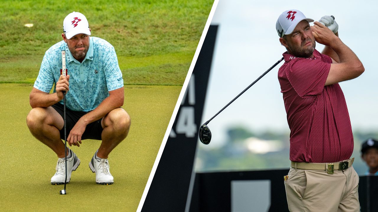 Marc Leishman reading a putt on the green and in the finish position after hitting a drive