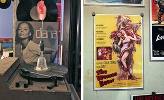 Left: detail of a sculpture comprising found records Right: vintage movie posters found in the house hang in a hallway