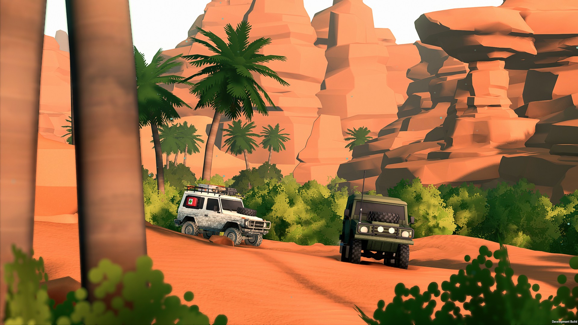 Multiple 4x4 in Over the Hill navigate Algeria's sand and trees