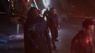 Ant-Man, Kang, MODOK, and Cassie Lang walk to the edge of a platform in Ant-Man and the Wasp: Quantumania