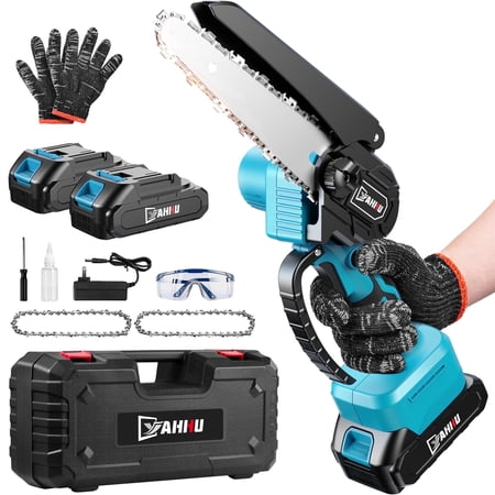 Yahhu 6 Inch Mini Cordless Chainsaw, Handheld Electric Chain Saw With 2 Batteries and 2 Chains for Tree Trimming and Wood Cutting