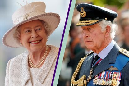 Her Majesty, Queen Elizabeth II side by side with King Charles III in a green and purple template