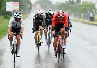 2025 Giro d'Italia stage 16: Josh Tarling (r) in the break of the day, prior to crashing out