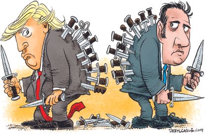 Political cartoon U.S. Trump Michael Cohen Mueller Russia investigation Putin backstab knives