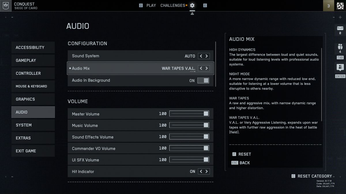 Battlefield 6 War Tapes VAL: The audio mix options in the settings menu.