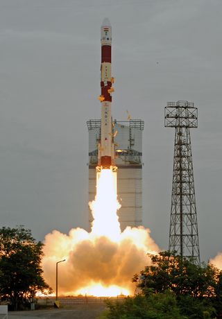 India launches its 100th space mission on Sept. 9, 2012, with the successful flight of this Polar Satellite Launch Vehicle carrying the Spot 6 communications satellite and Proiteres amateur radio satellite. The mission launched from India's Satish Dhawan Space Centre on Sriharikota Island.