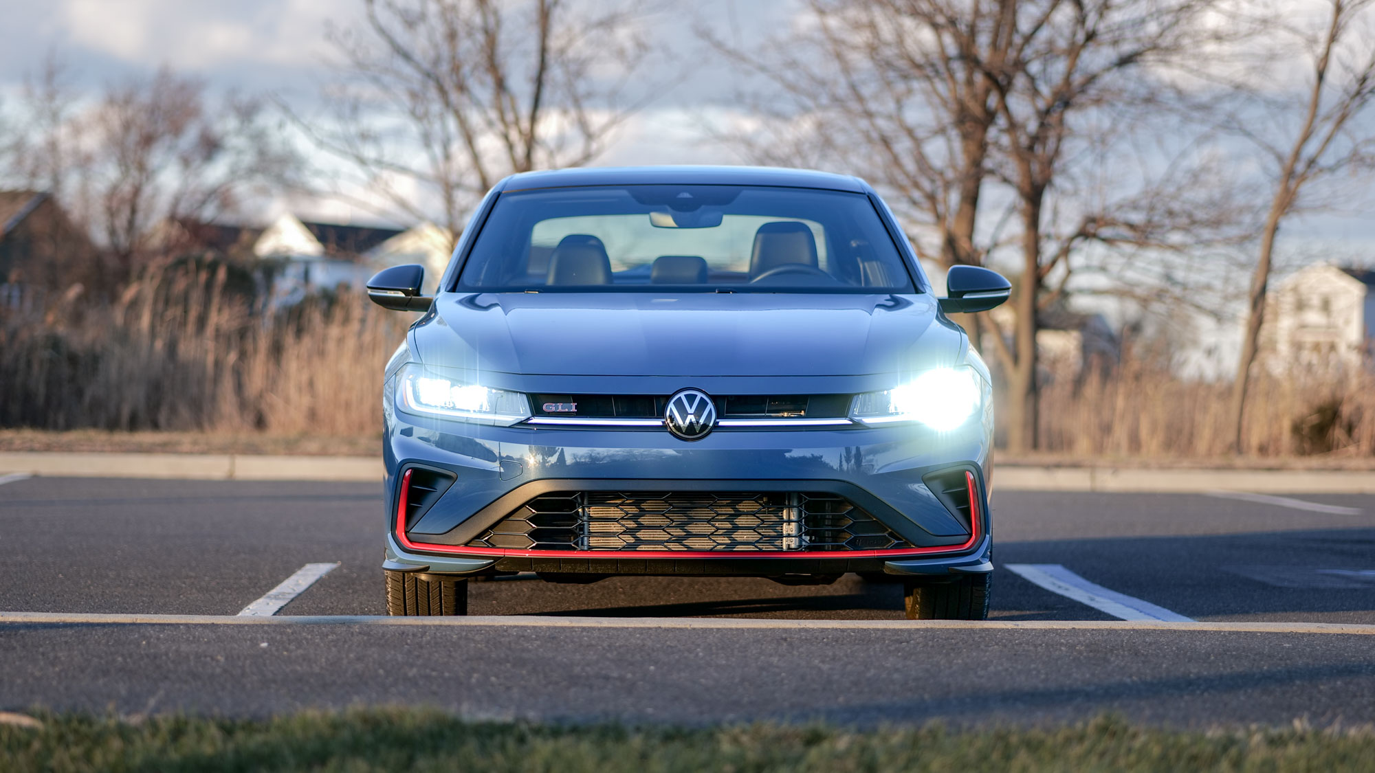 Headlights and front view of the 2025 Volkswagen Jetta GLI AutoBahn.