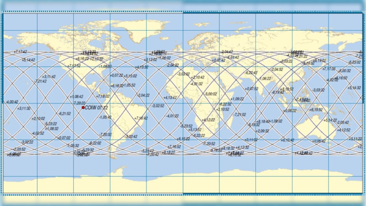 a map of the world with a spiraling line stretching across the center, overlapping most of the areas that aren't close to the poles