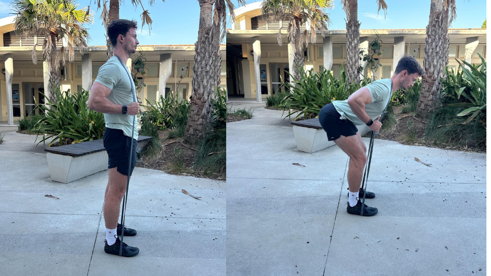Man performing good morning exercise with a resistance band